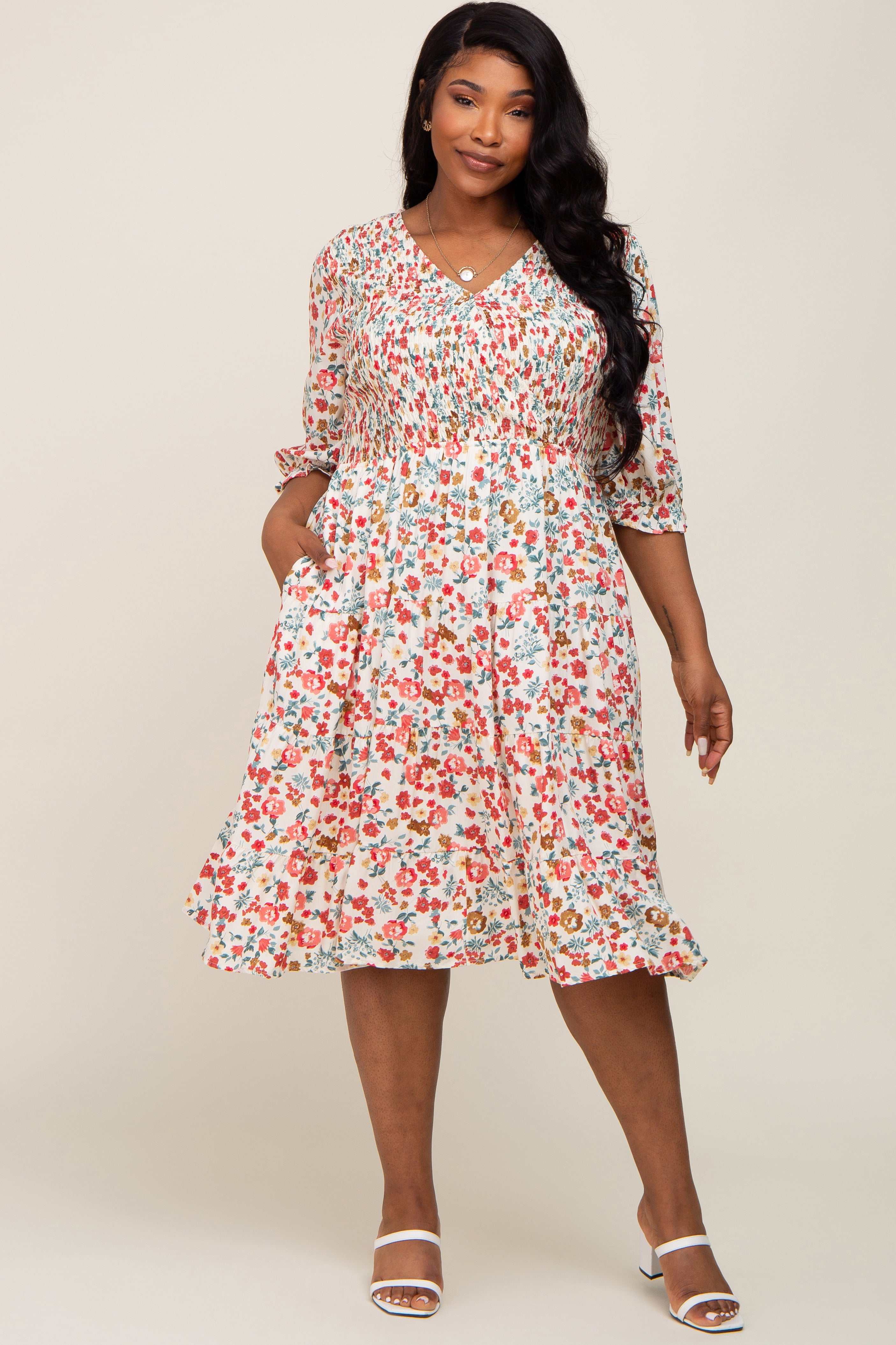 Ivory Floral Smocked Tiered Ruffle Maternity Plus Dress – PinkBlush