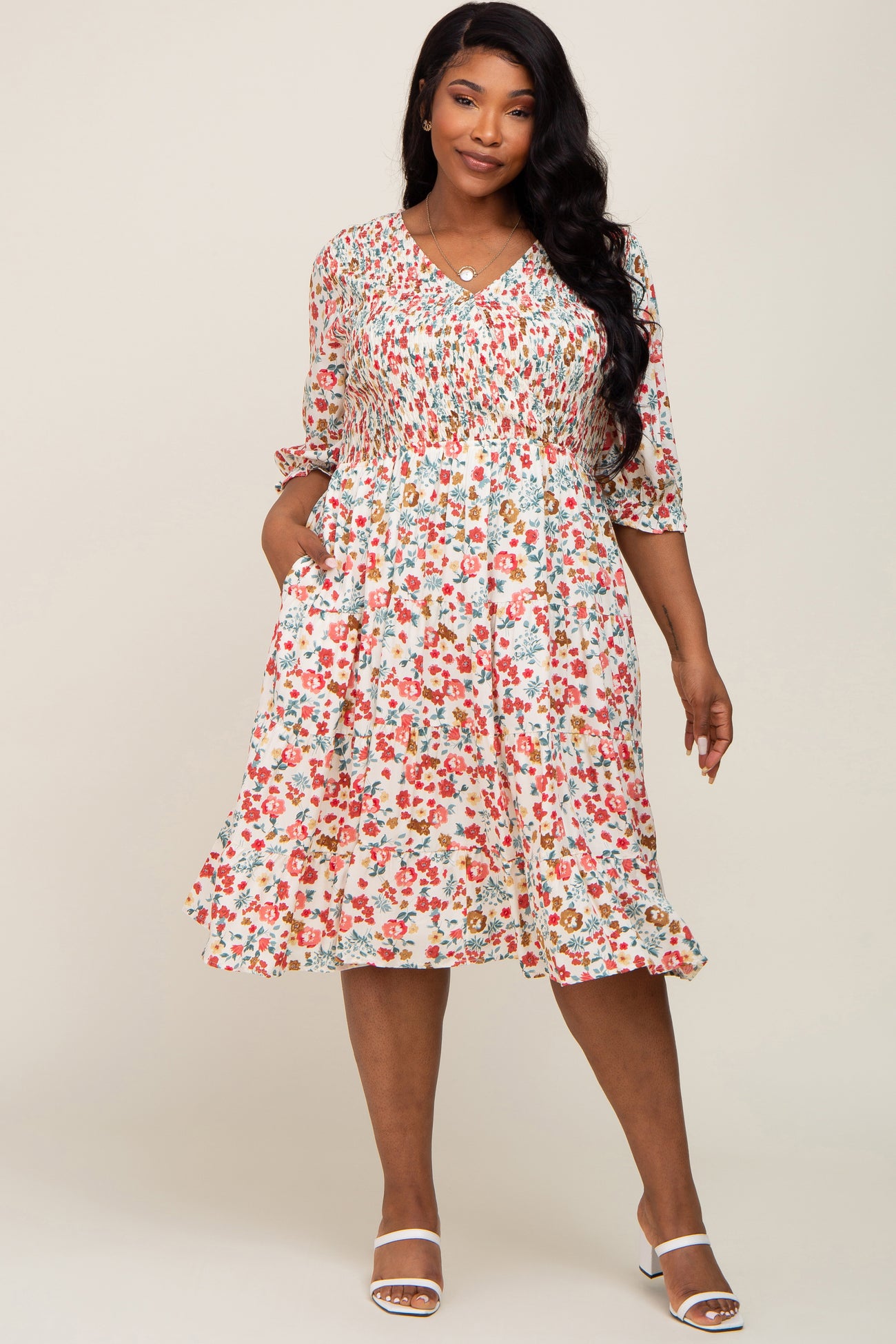 Ivory Floral Smocked Tiered Ruffle Maternity Plus Dress – PinkBlush