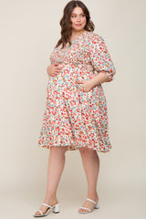 Ivory Floral Smocked Tiered Ruffle Maternity Plus Dress