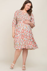 Ivory Floral Smocked Tiered Ruffle Maternity Plus Dress