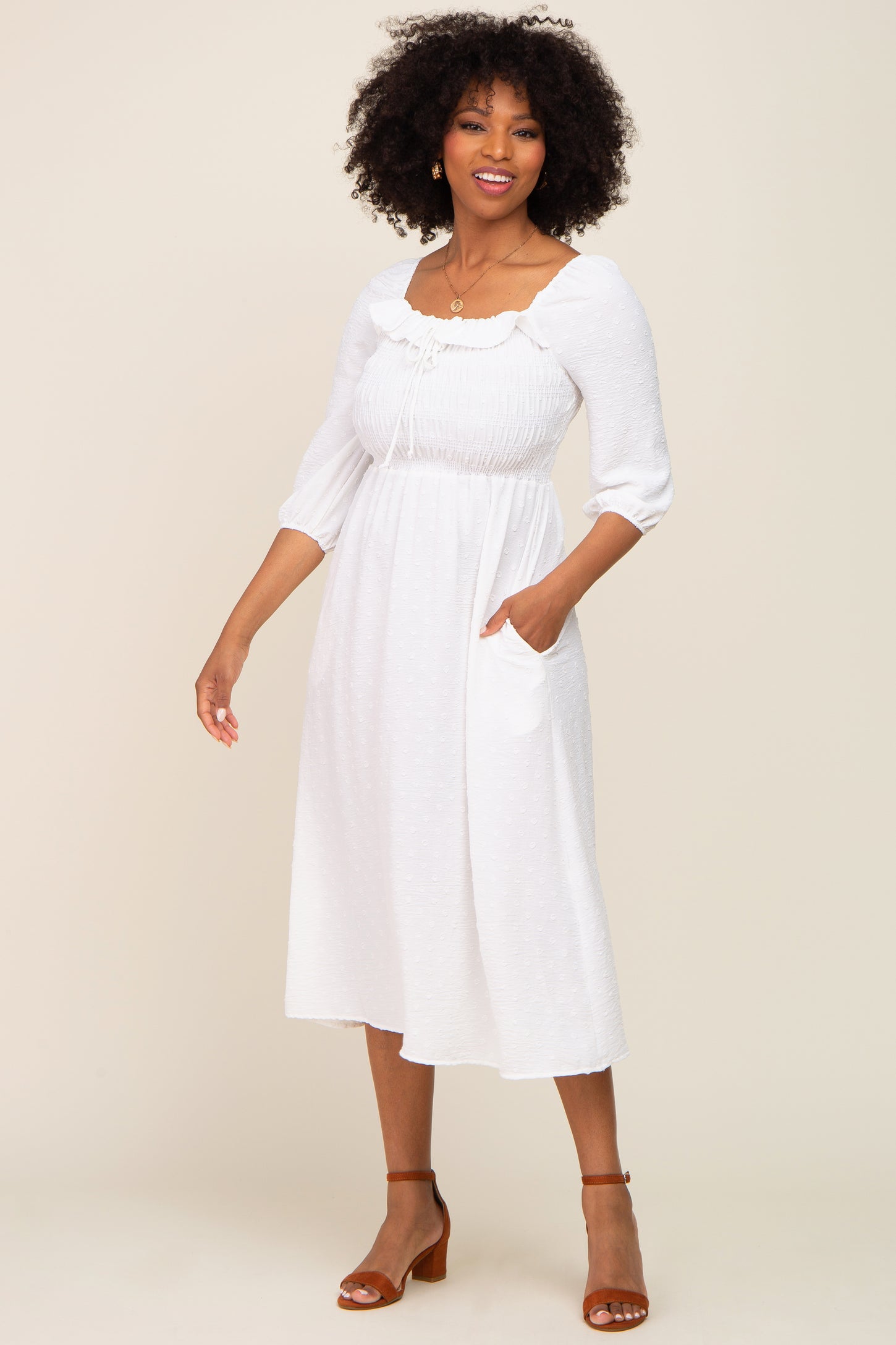 Ivory Swiss Dot 3/4 Sleeve Maternity Midi Dress PinkBlush Ivory Swiss Dot 3/4 Sleeve Maternity Midi Dress PinkBlush