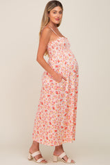 Peach Square Neck Smocked Maternity Midi Dress