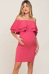 Mauve Off Shoulder Fitted Maternity Dress