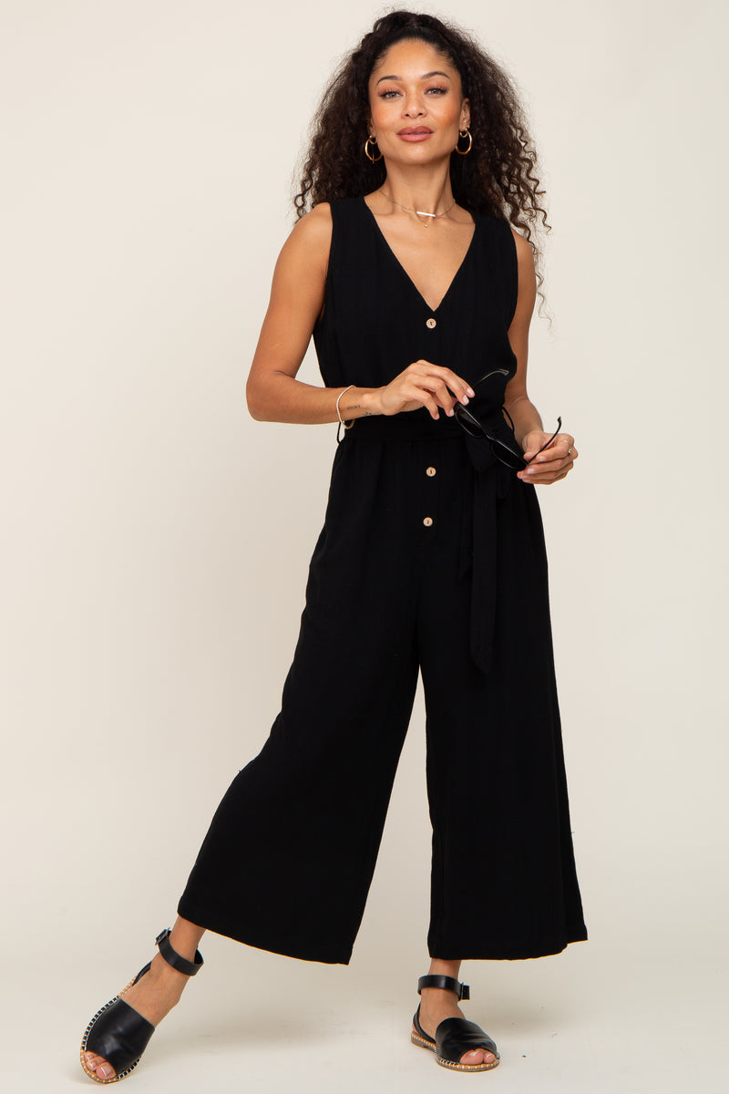 Black Sleeveless Button Front Cropped Jumpsuit– PinkBlush