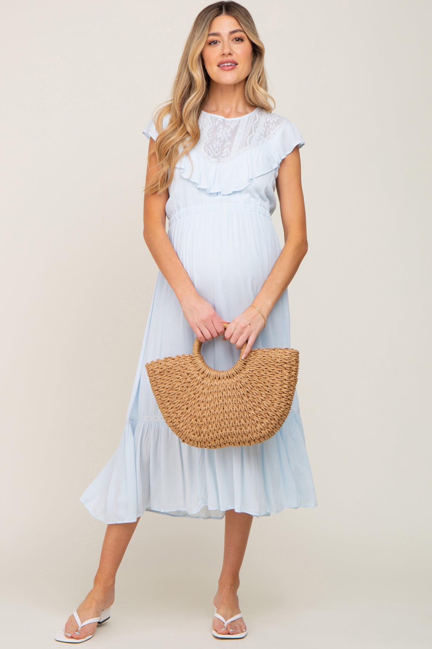 Light Blue Lace Inset Ruffle Maternity Midi Dress– PinkBlush