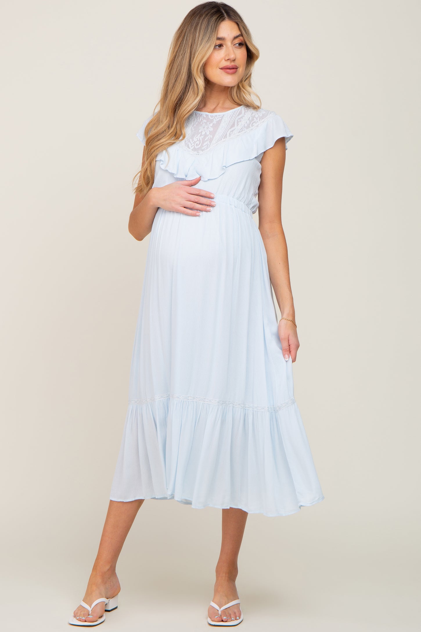 Light Blue Lace Inset Ruffle Maternity Midi Dress – PinkBlush