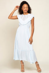 Light Blue Lace Inset Ruffle Maternity Midi Dress