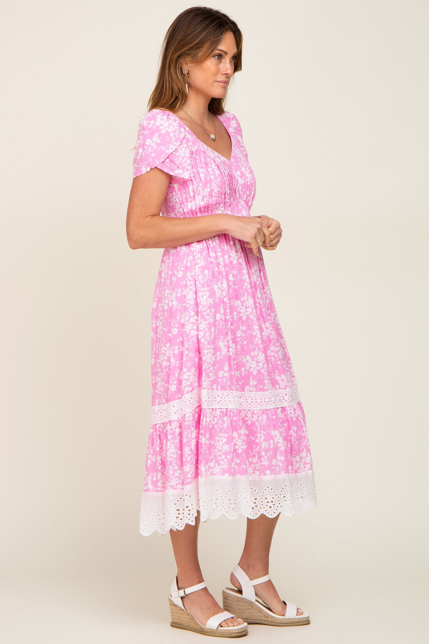 Pink Floral Pleated Eyelet Trim Midi Dress