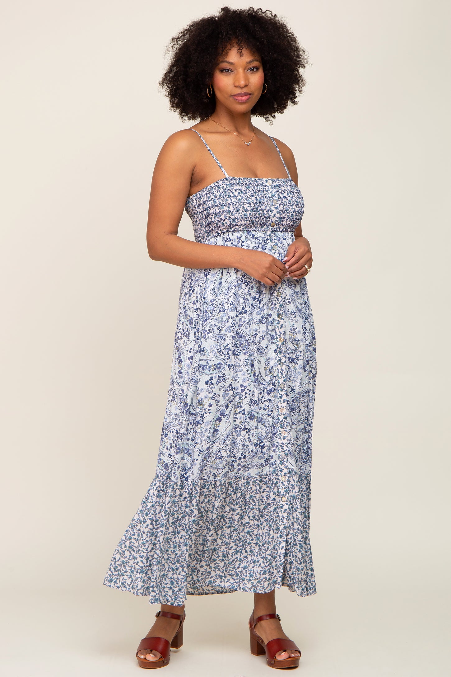 Blue Floral Paisley Smocked Button Front Maxi Dress