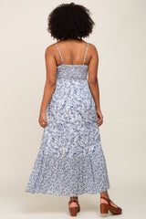 Blue Floral Paisley Smocked Button Front Maxi Dress