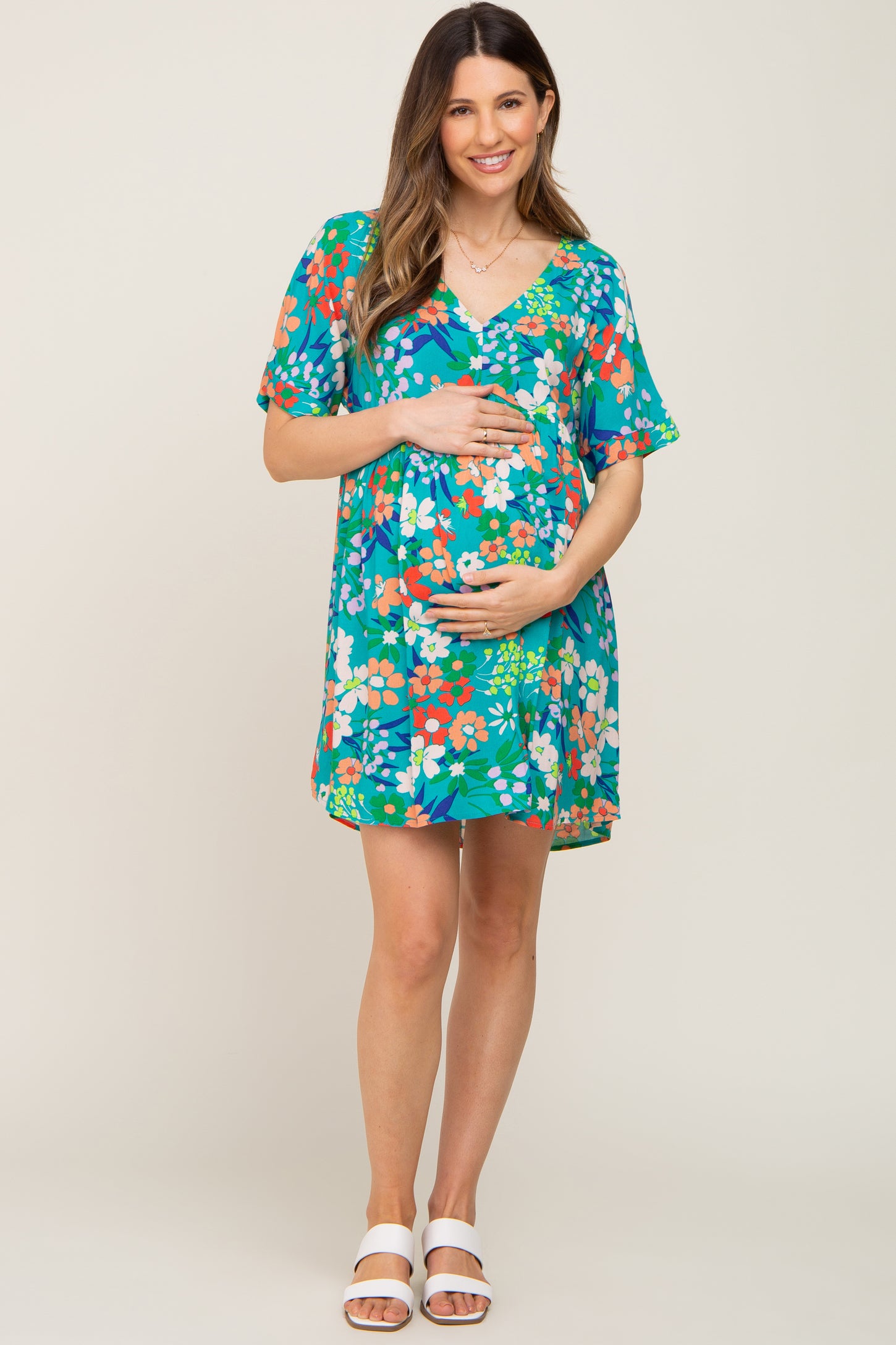 Emerald Green Floral VNeck Babydoll Maternity Dress PinkBlush