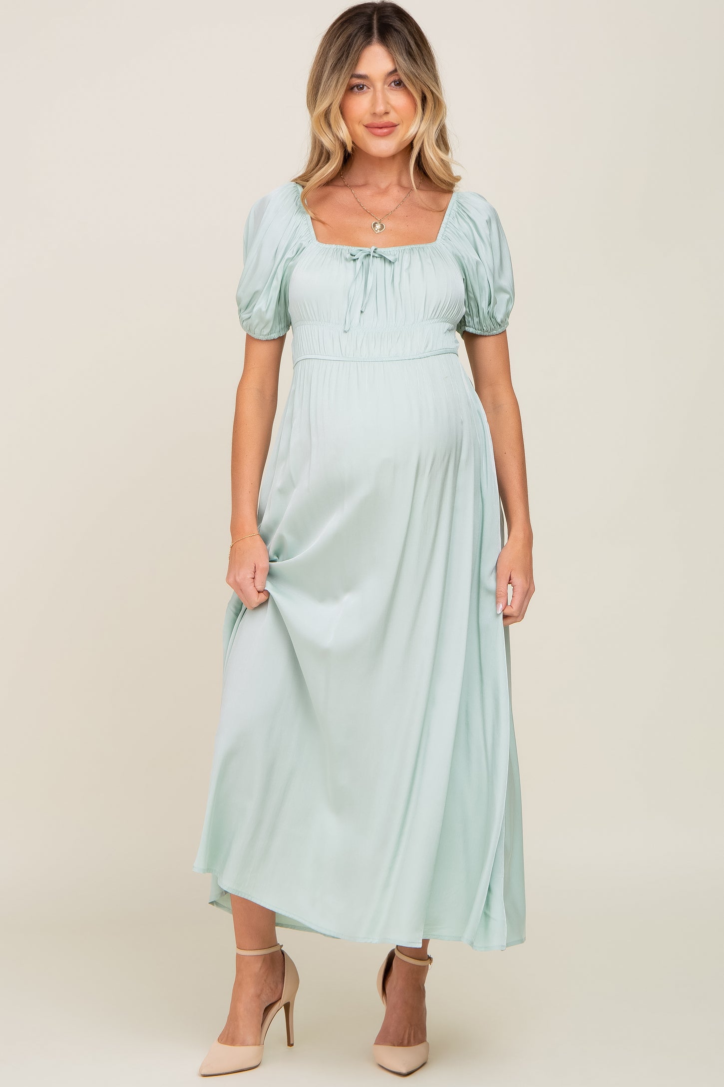Mint Puff Sleeve Maternity Maxi Dress– PinkBlush