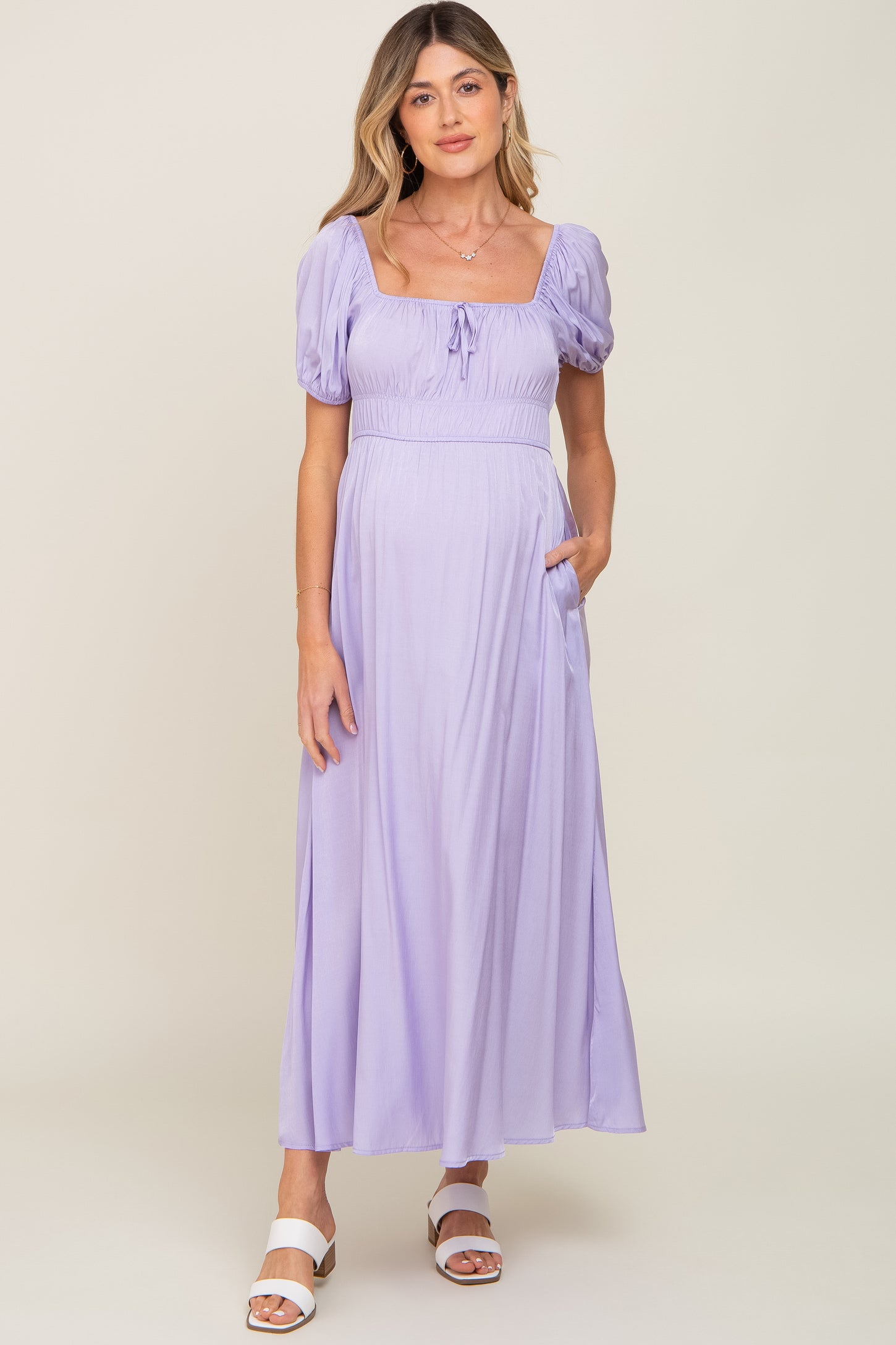 Lavender Puff Sleeve Maternity Maxi Dress PinkBlush