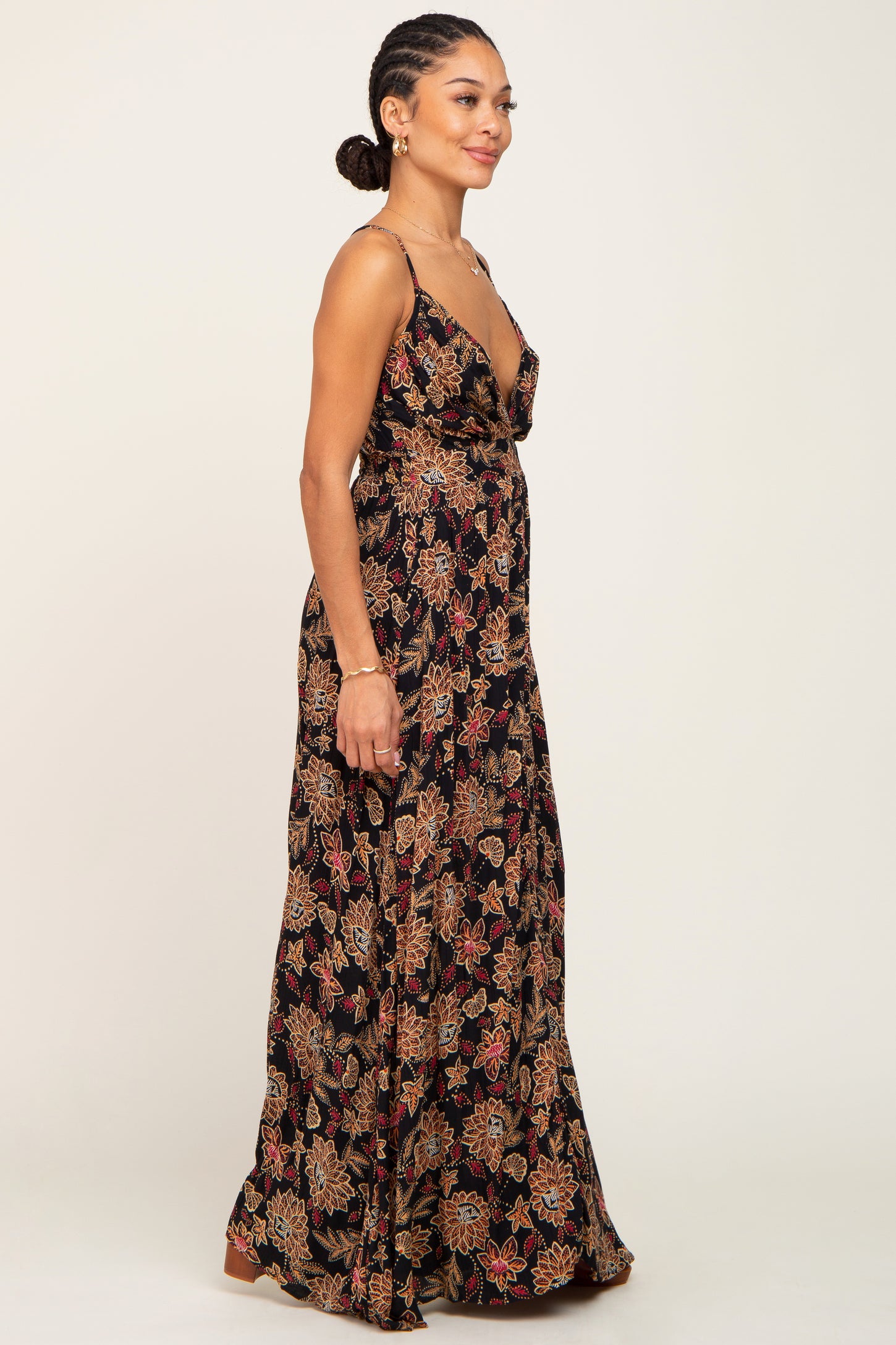 Black Floral V-Neck Cross Back Maxi Dress PinkBlush Black Floral V-Neck Cross Back Maxi Dress PinkBlush
