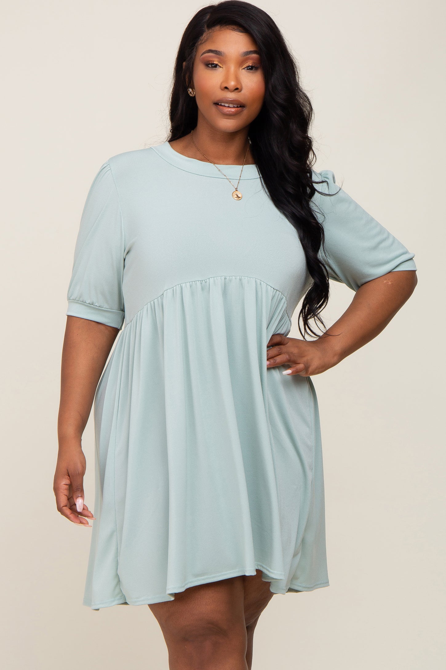 Light Green High Neck Puff Sleeve Plus Dress PinkBlush Light Green High Neck Puff Sleeve Plus Dress PinkBlush