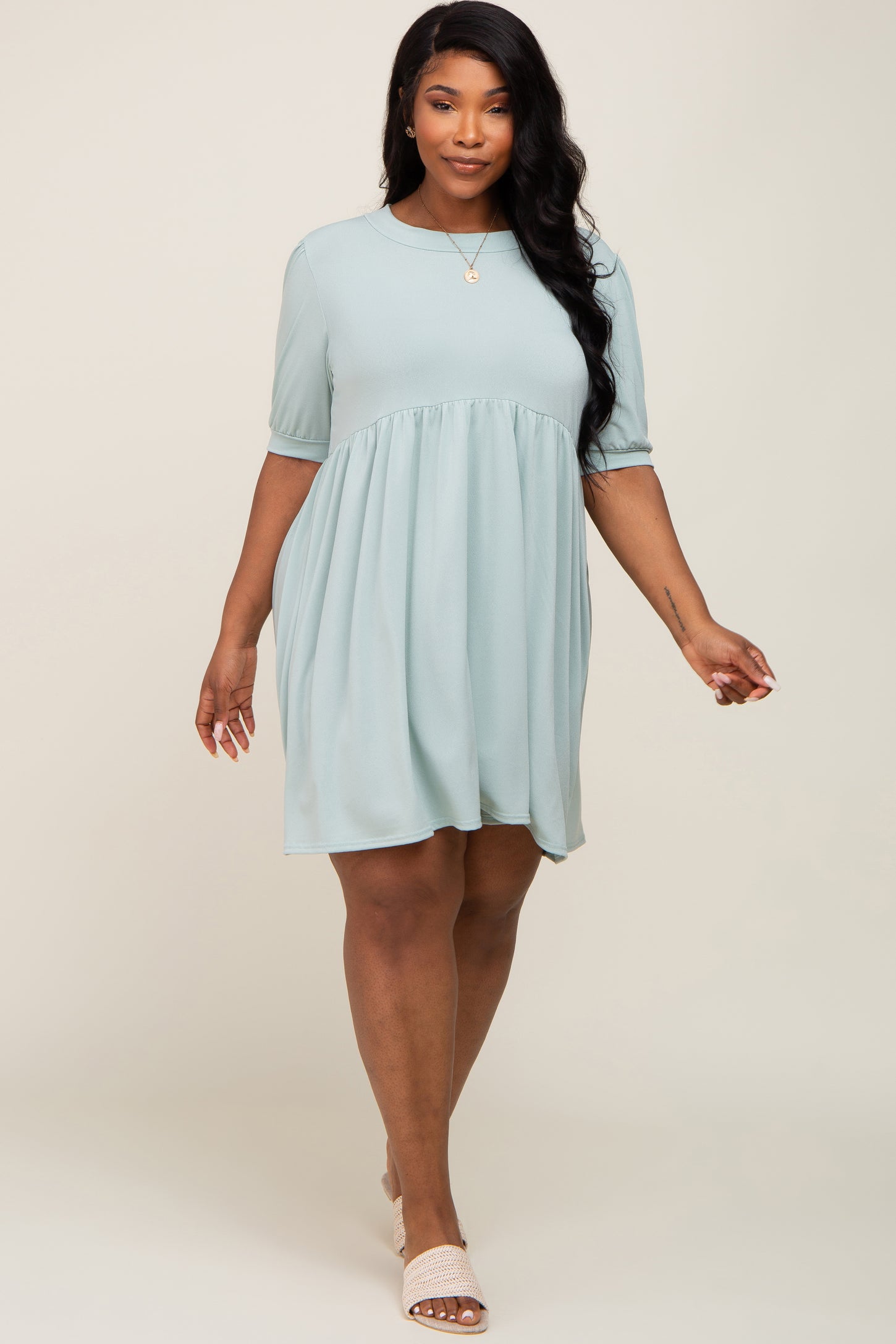 Light Green High Neck Puff Sleeve Plus Dress PinkBlush Light Green High Neck Puff Sleeve Plus Dress PinkBlush