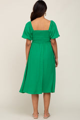 Green Smocked Puff Sleeve Maternity Midi Dress
