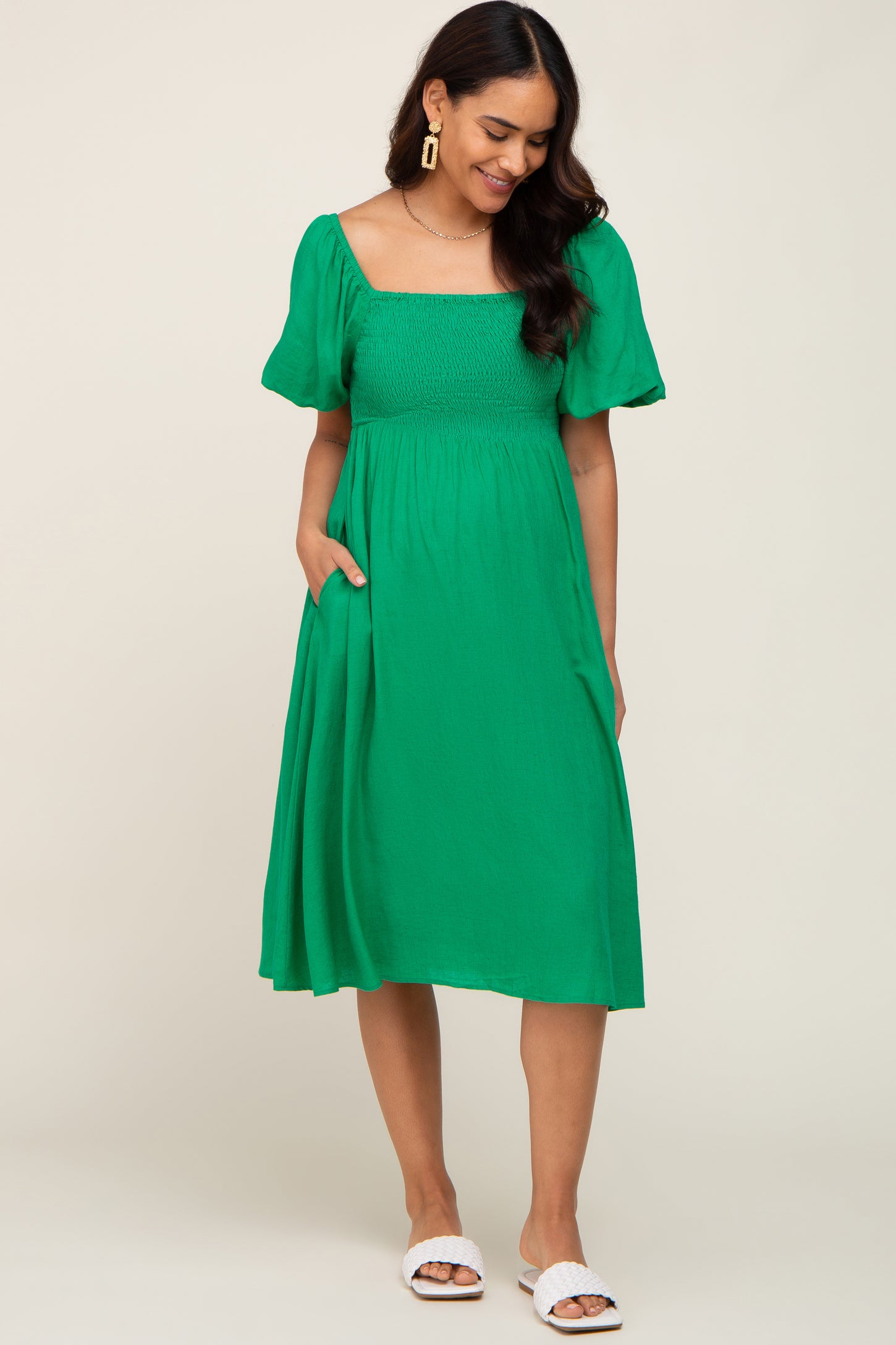 Green Smocked Puff Sleeve Maternity Midi Dress