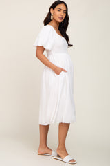 White Smocked Puff Sleeve Maternity Midi Dress