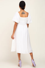 White Smocked Puff Sleeve Midi Dress
