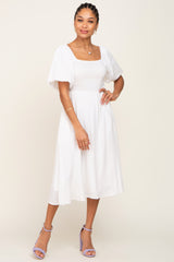 White Smocked Puff Sleeve Midi Dress