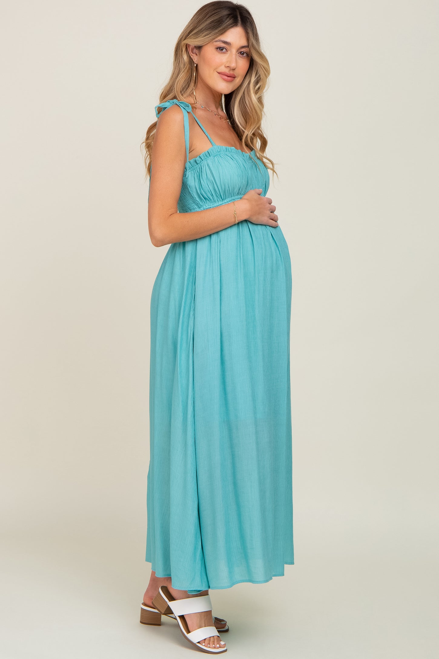 Turquoise Sleeveless Ruffle Trim Maternity Maxi Dress Turquoise Sleeveless Ruffle Trim Maternity Maxi Dress
