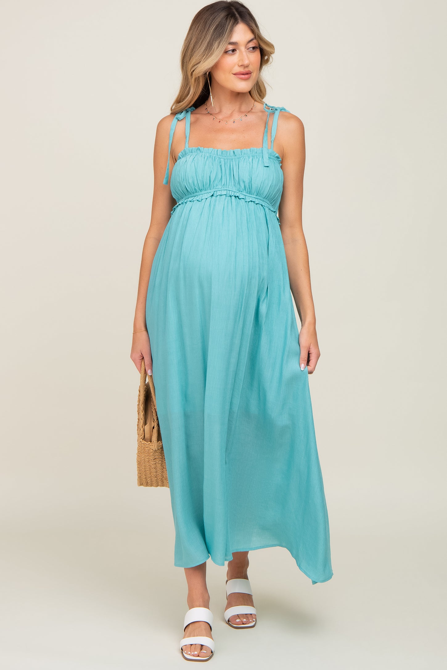 Turquoise Sleeveless Ruffle Trim Maternity Maxi Dress – PinkBlush