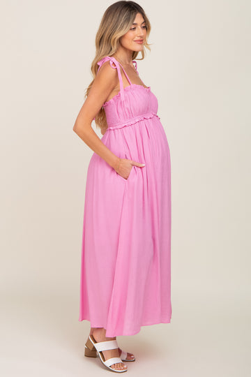 Pink Sleeveless Ruffle Trim Maternity Maxi Dress