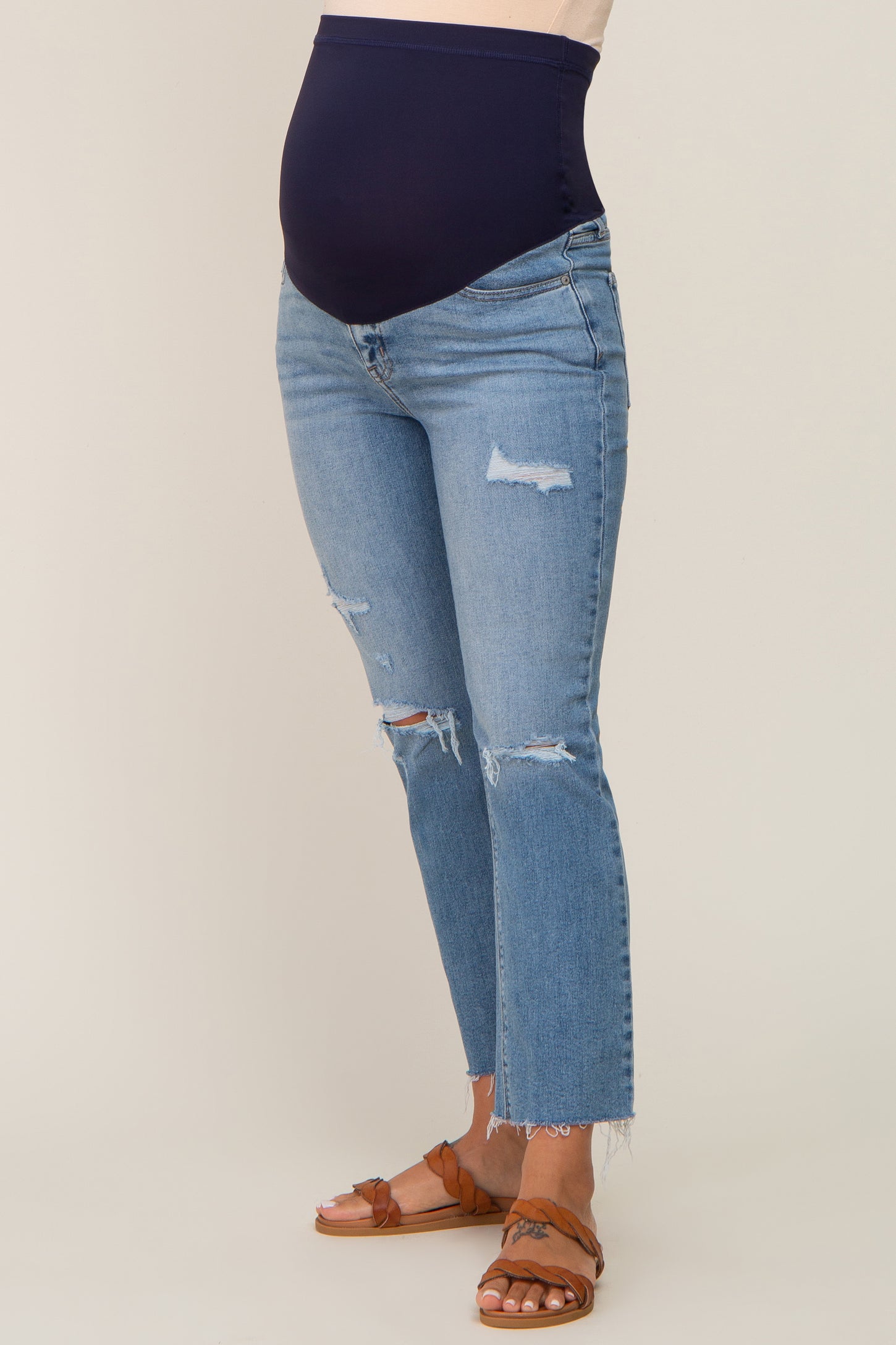 Blue Distressed Cropped Bootcut Maternity Jeans PinkBlush