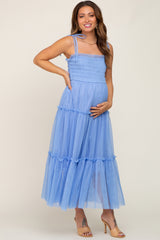 Light Blue Smocked Mesh Maternity Midi Dress