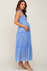 Light Blue Smocked Mesh Maternity Midi Dress