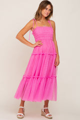 Pink Smocked Mesh Midi Dress