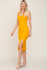 Yellow Ribbed Back Cutout Midi Dress