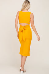 Yellow Ribbed Back Cutout Midi Dress