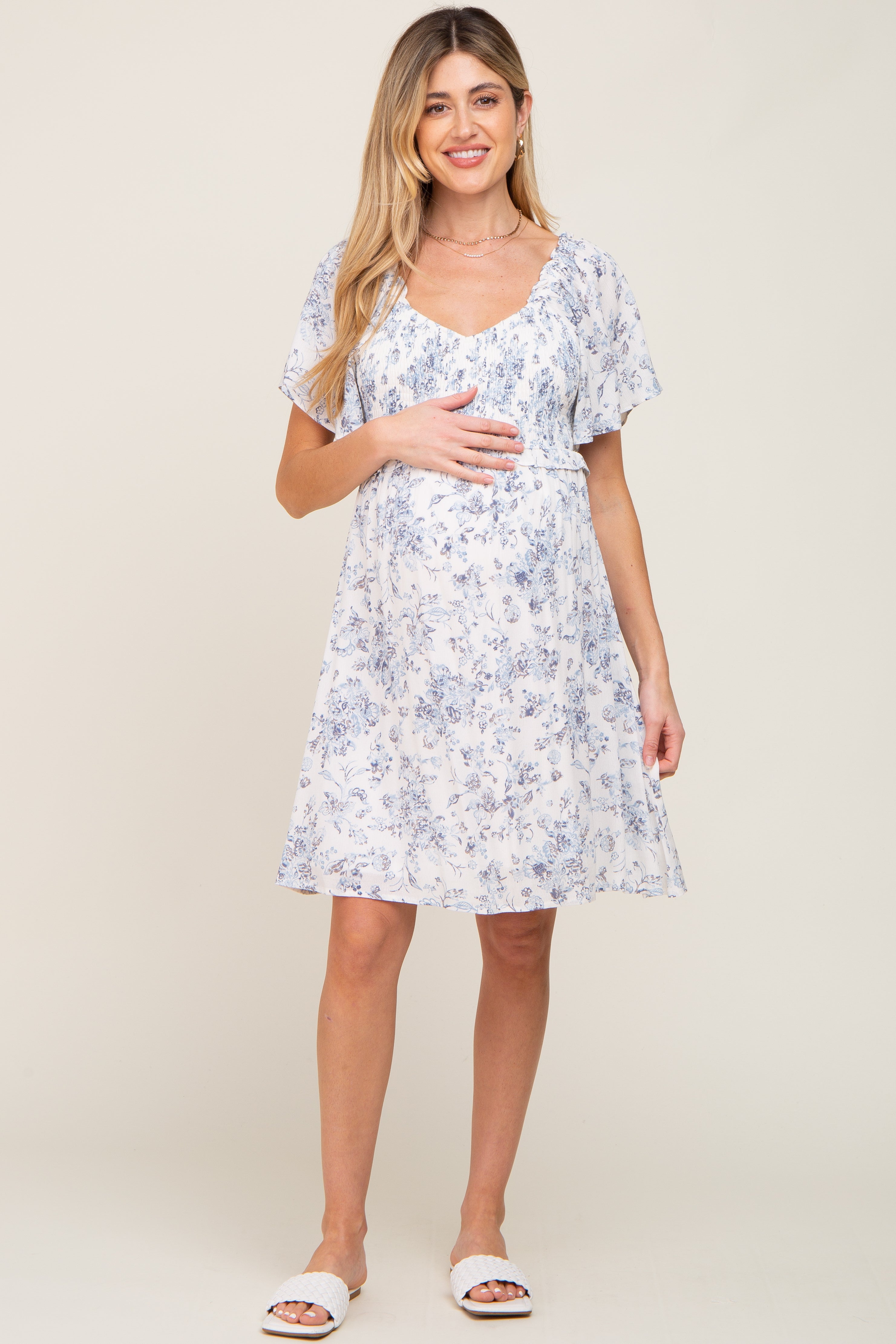 White Floral Print Smocked Ruffle Shoulder Maternity Dress – PinkBlush