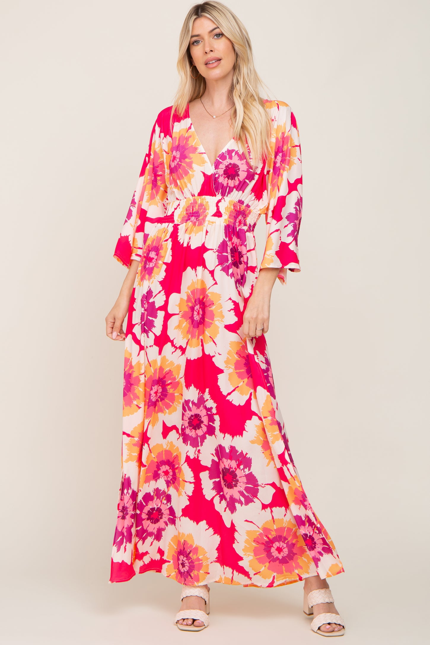 Fuchsia Floral Wrap VNeck Side Slit Maxi Dress PinkBlush