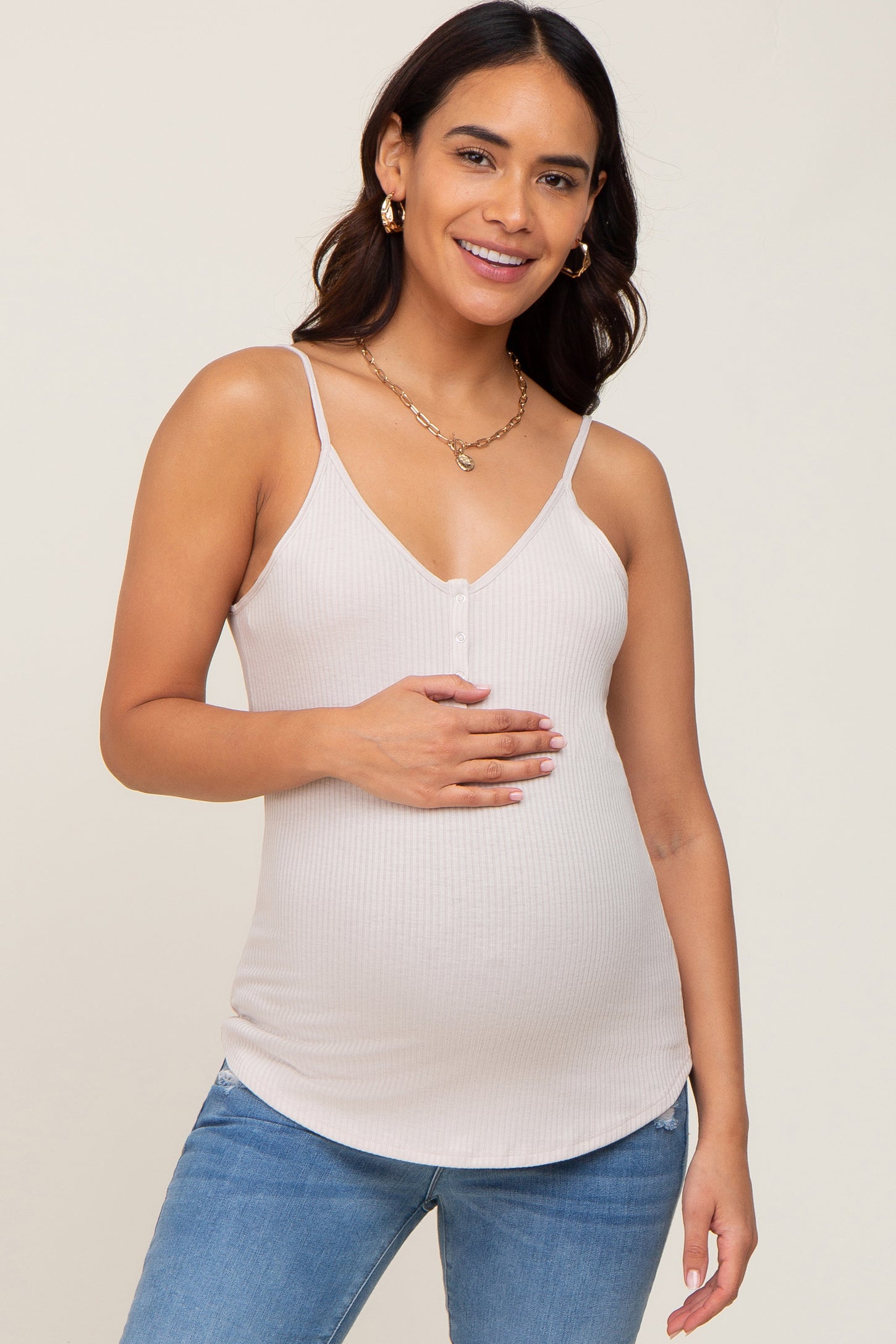 Beige Ribbed Snap Button Maternity Cami– PinkBlush