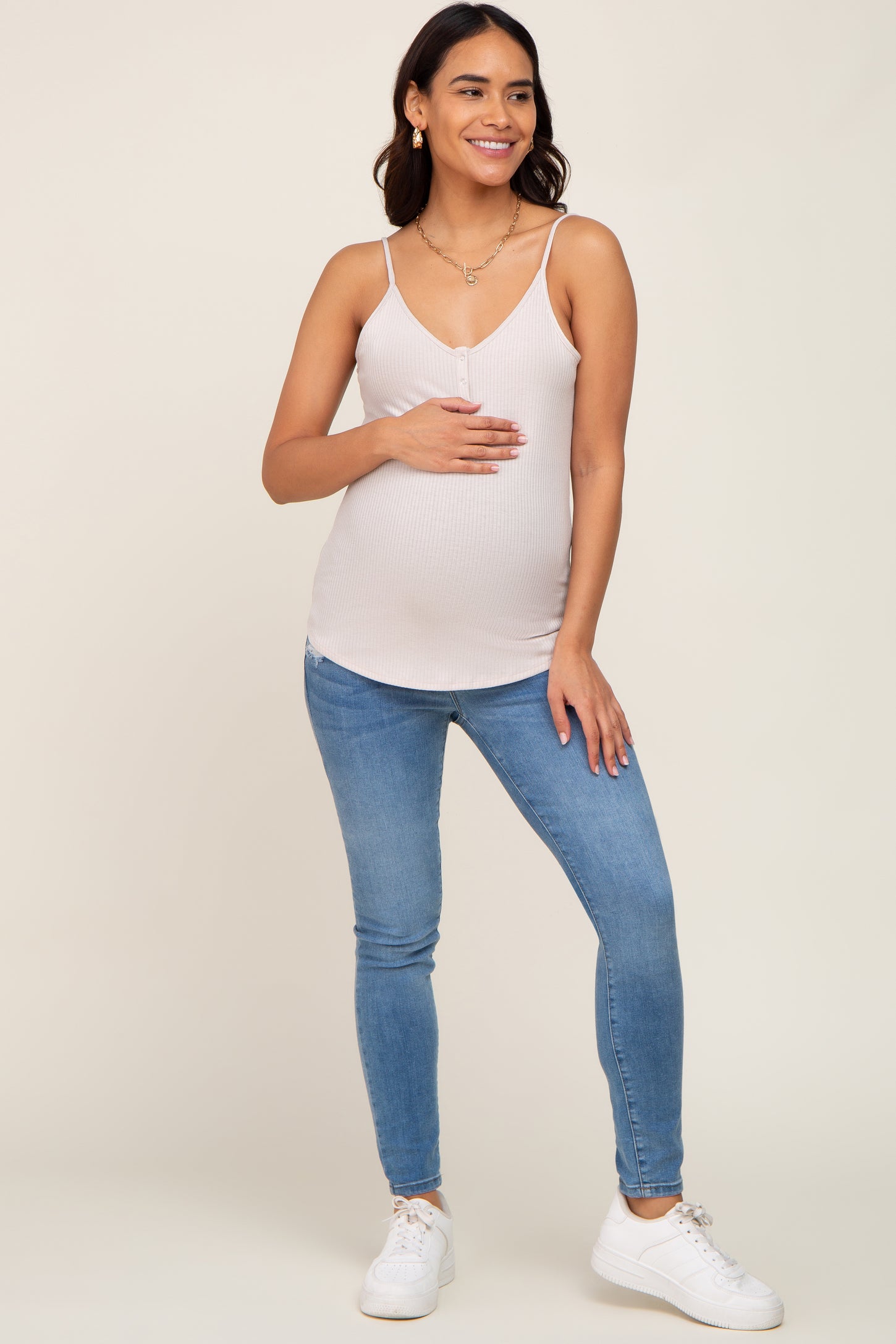 Beige Ribbed Snap Button Maternity Cami– PinkBlush