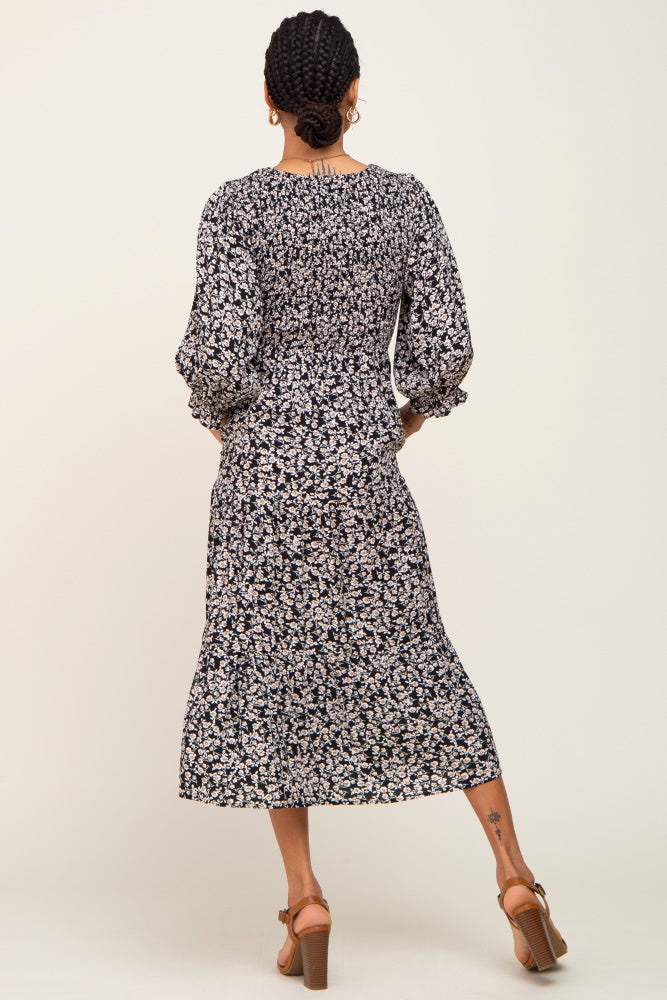 Black Floral Smocked 3/4 Sleeve Midi Dress – PinkBlush
