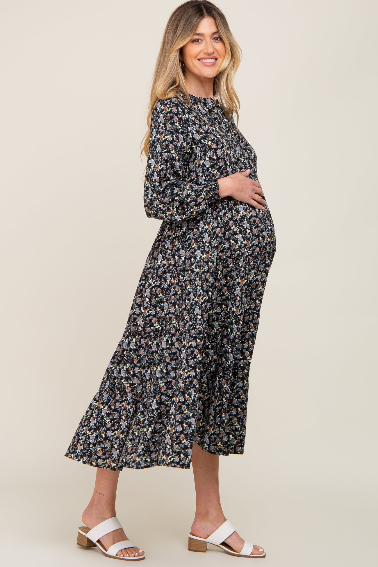 Black Floral Button Front Long Sleeve Tiered Maternity Midi Dress ...