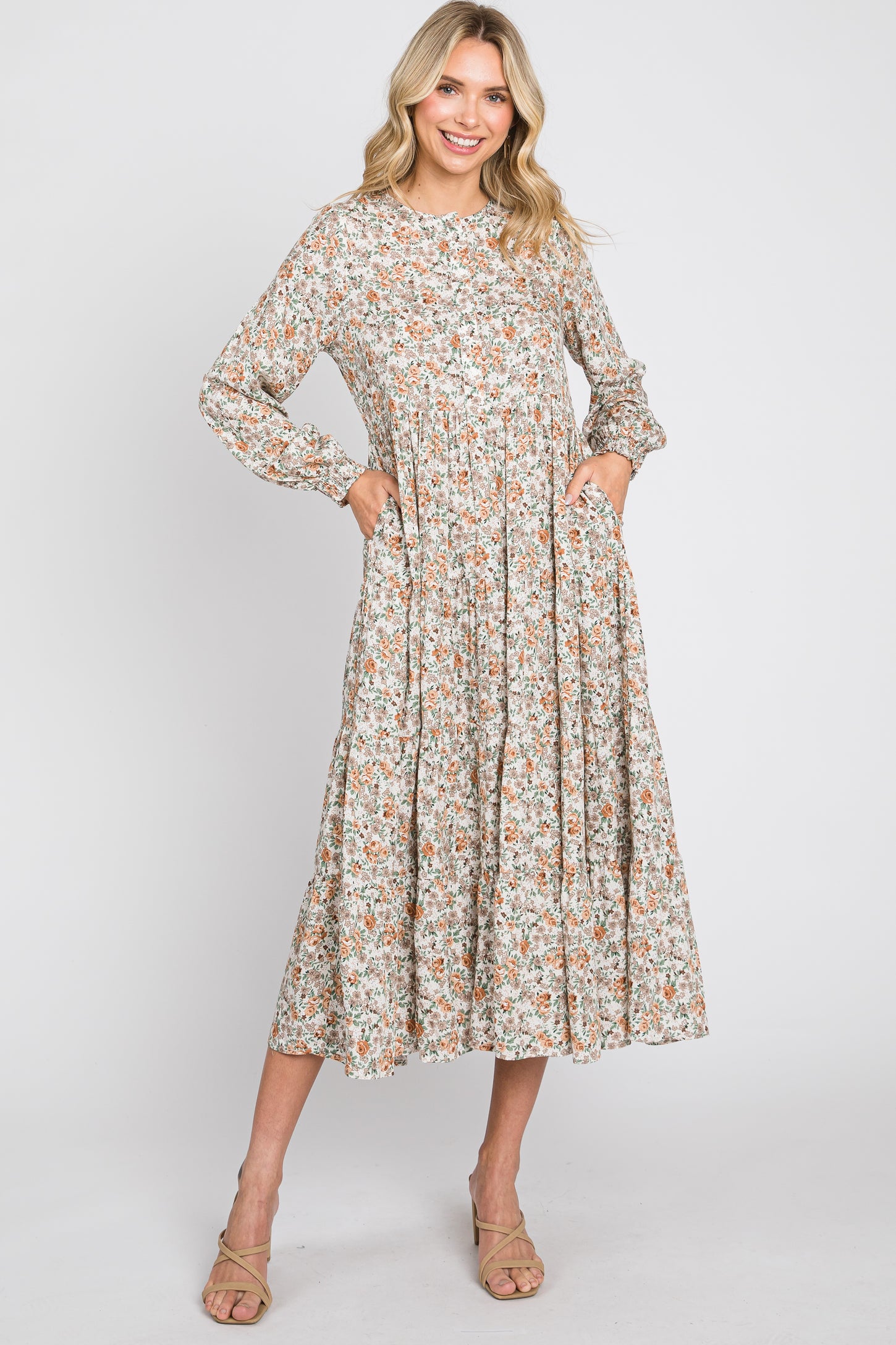 long sleeve midi tiered dress Brown Tiered Long Sleeve Midi Dress Large