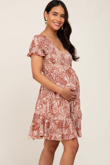 Rust Printed Smocked V-Neck Maternity Dress