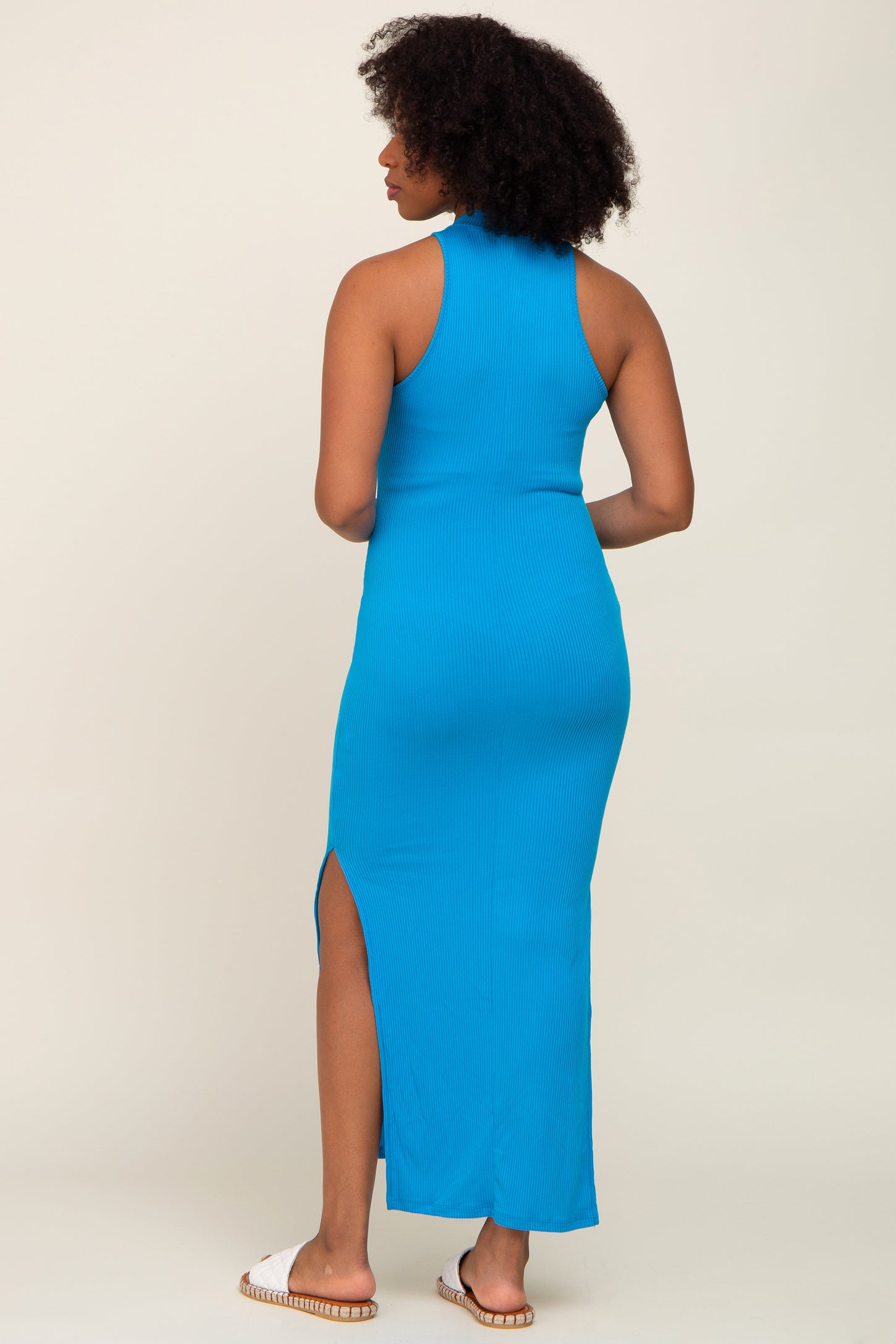 Blue Ribbed Side Slit Maxi Dress