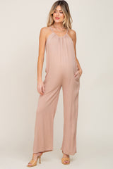 Taupe Halter Neck Maternity Jumpsuit