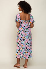 Multicolor Floral Puff Sleeve Midi Dress
