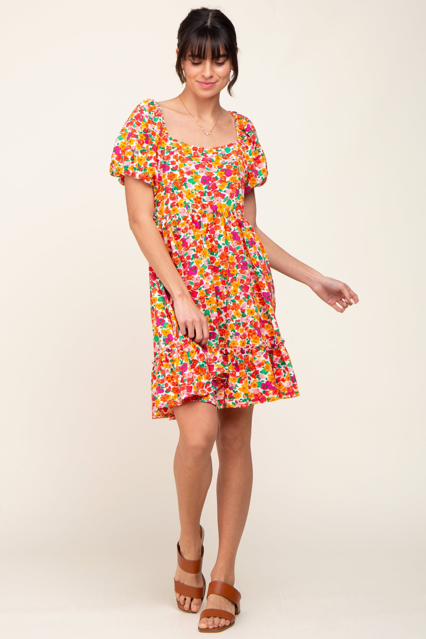 Pink Floral Square Neck Short Puff Sleeve Dress