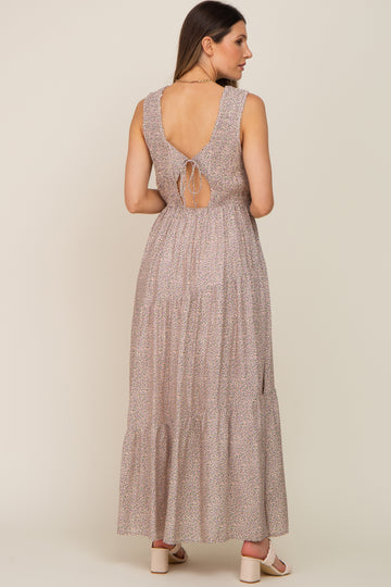 Cream Floral Smocked Sleeveless Back Tie Maternity Maxi Dress