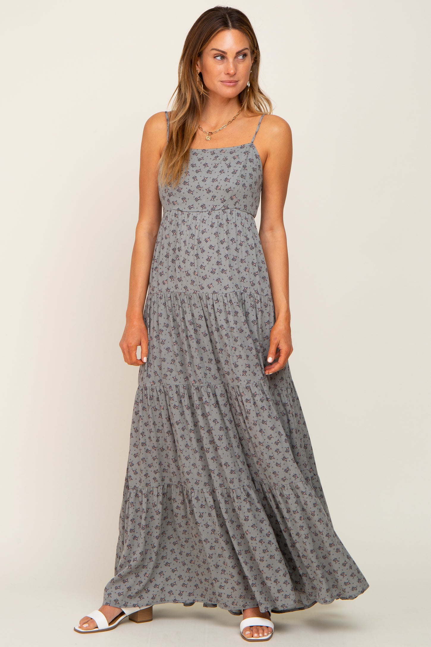 Olive Ditsy Floral Tiered Maternity Maxi Dress