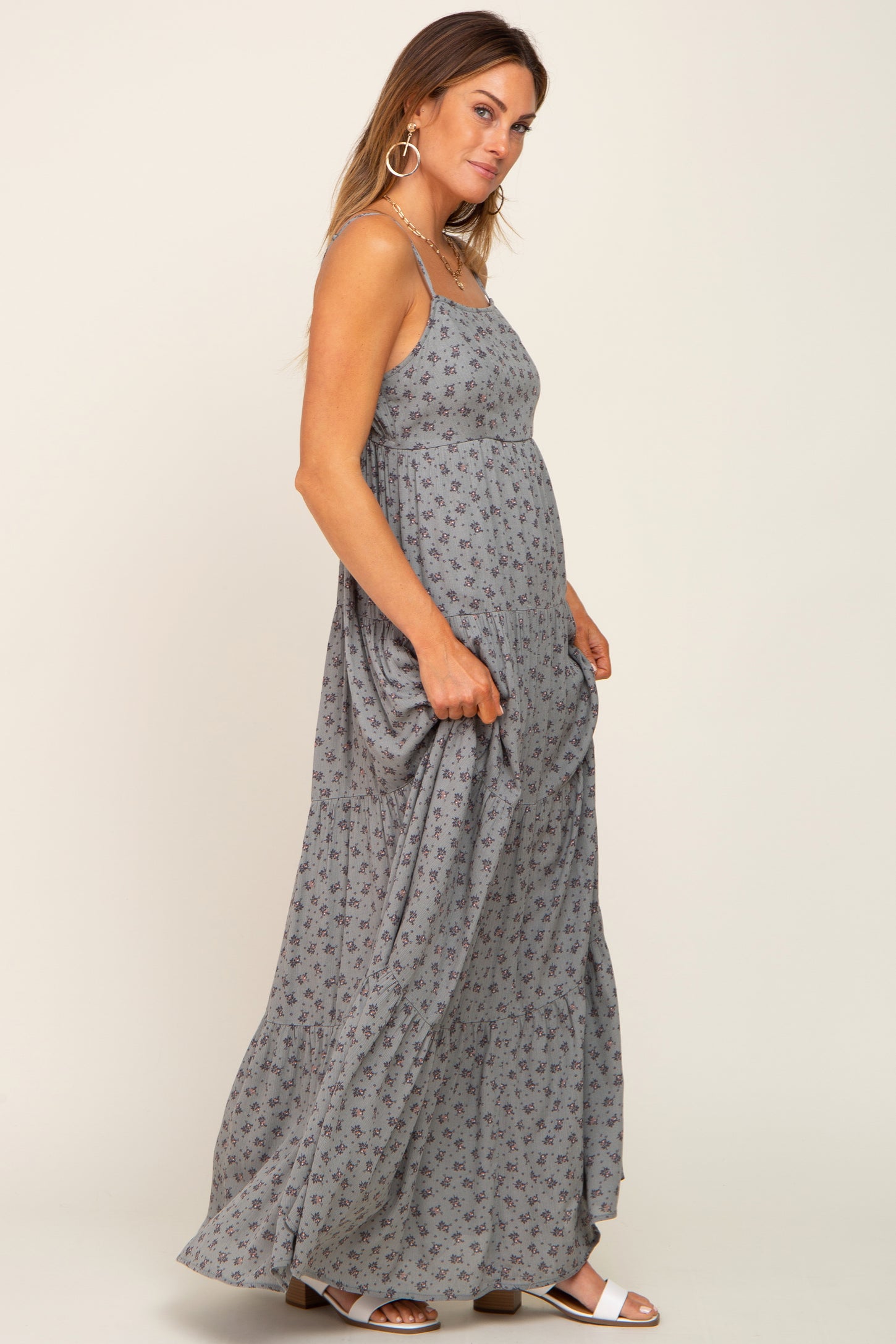 Olive Ditsy Floral Tiered Maxi Dress