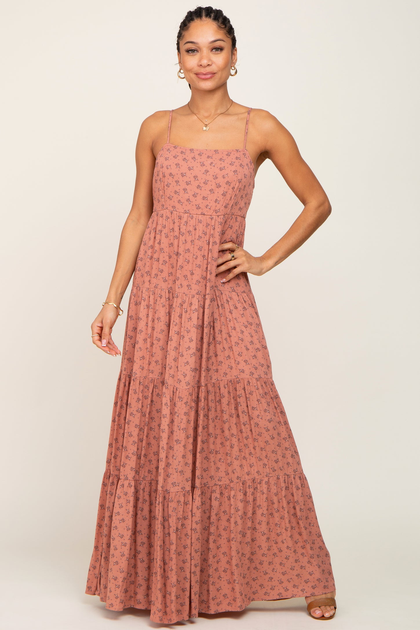 Rust Ditsy Floral Tiered Maternity Maxi Dress